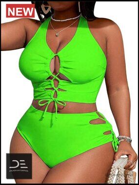 Plus Size Lace Up High Waist Bikini Set Tummy Control 2 Piece Swimsuit